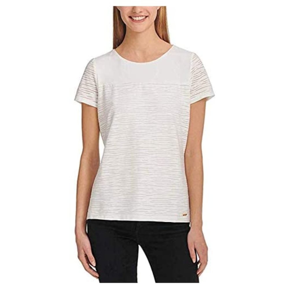 Calvin Klein Women's Short Sleeve Mesh Overlay Double Layer Tee, Soft White, NTW